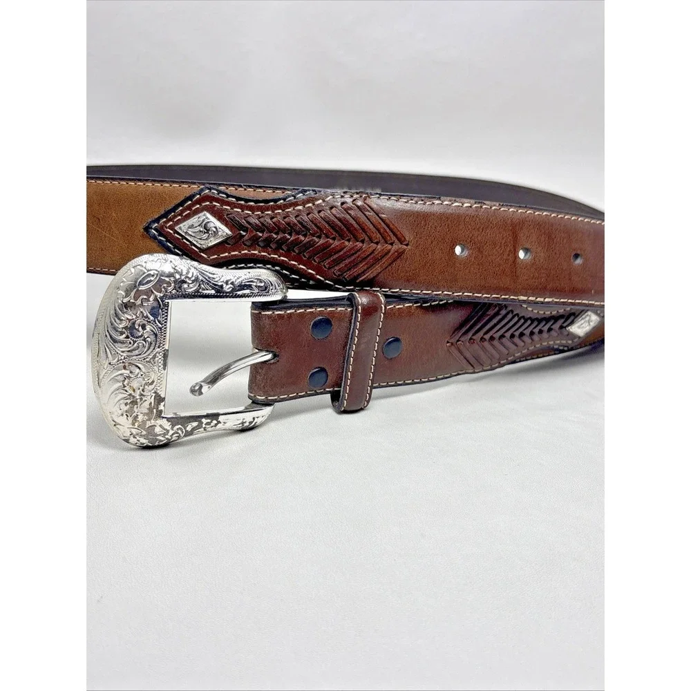 Nocona Lot Of 2 Brown Belt N2475444 Silver N2475702 Leather Western Men's 38